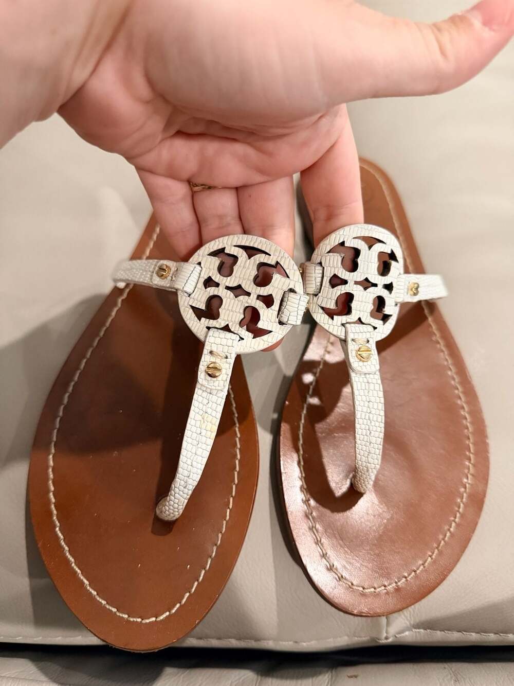 Tory Burch White Leather Logo Thong Sandals